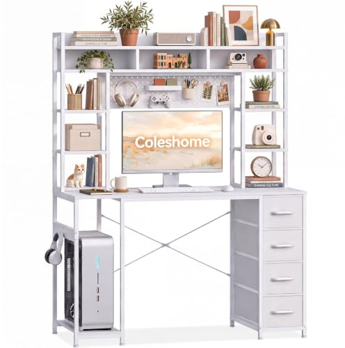 Coleshome Bureau avec Panneau Perforé et Étagère, 120 x 50 cm, Blanc | Bureau d'ordinateur avec étagère, panneau perforé et 4 tiroirs pour créer un espace organisé pour travail ou gaming.