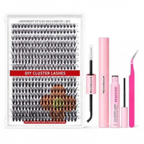 Fezf 1 Set Ciglia finte ciuffetti,Kit ciglia extension D Curl,Set ciglia finte 30D+40D extension fai da te con pinzette colla e dispositivo di rimozione(9-16mm)