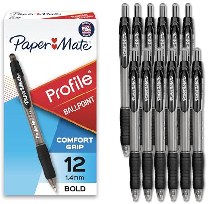 Paper Mate Profile Retractable Ballpoint Pens, Bold Point (1.4mm), Black Ink, 12 Count - Writing, Journaling, Office Supplies