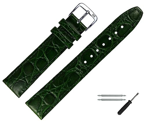 MARBURGER Uhrenarmband 14mm Leder Gruen Silber Kroko (Caiman) Prägung Mit Naht - Montage Set 5291460000120