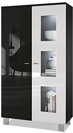 Vladon Vitrine Denjo, Made in Germany, Standvitrine mit 2 Türen und 3 Glaseinsätzen, Schwarz matt/Schwarz Hochglanz/Weiß Hochglanz inkl. LED-Beleuchtung (71 x 129 x 35 cm)