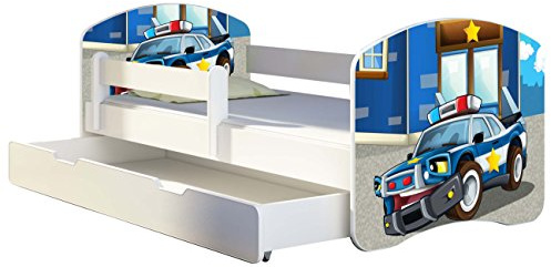 ACMA Kinderbett 160x80 Jugendbett mit Einer Schublade und Matratze, Rausfallschutz, Lattenrost Weiß, stabil, Kinderzimmer Bett, Jugendmöbel Design 38 Polizei