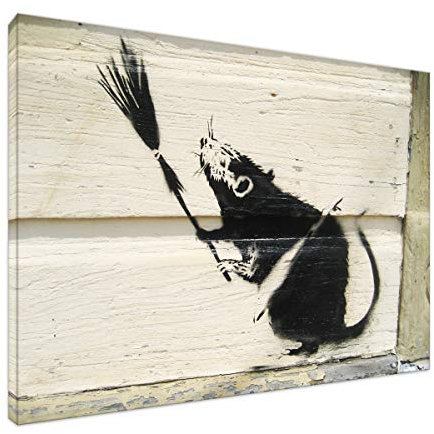 Banksy - Broom Rat 60x90cm - Bilder Leinwanddrucke/Wandbilder Street Art Graffiti Kunstdruck 2cm (div. Varianten/Größen) - Leinwandbild Wandbild/fertig aufgespannt/fertig zum aufhängen