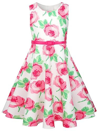 BONNY BILLY Vestito Bambina Elegante Cerimonia Festa Floreale Vintage Estivo Senza Maniche con Cintura 7-8 Anni Rosa