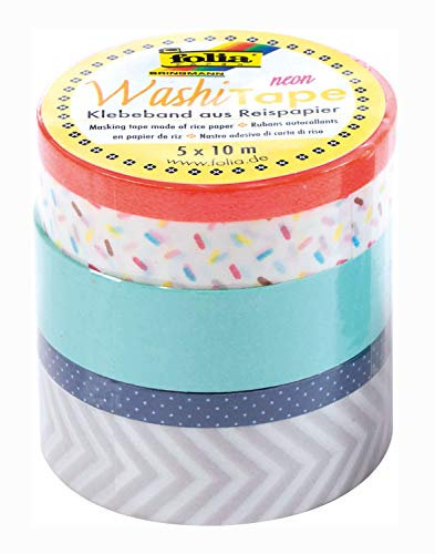 folia 26440 - Washi Tape, Neon orange, Klebeband aus Reispapier, 5er Set - ideal zum Verzieren und Dekorieren