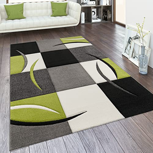 Paco Home Teppich Wohnzimmer Kurzflor Schlafzimmer Modern Geometrisches Muster Kariert Meliert, Grösse:60x110 cm, Farbe:Grün