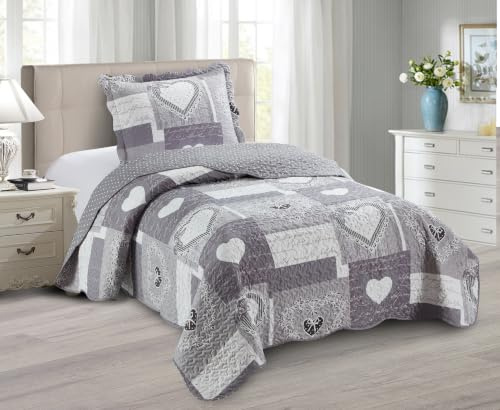 Brilliant Sunshine Grey Heart Love Patchwork, 2-teiliges Steppdecken-Set mit 1 Kissenbezug, wendbare Tagesdecke, weiche leichte Decke, Ganzjahresdecke, Doppelbett, Grau