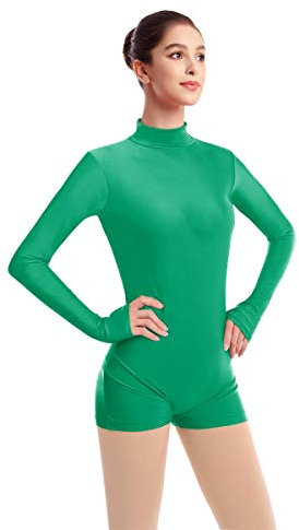 FYMNSI Damen Langarm Ballettanzug Ballettbody Sport Tanz Body Gymnastikanzug Trikot Bodysuit Einteiler Turnanzug Leotards Overall Stehkragen Einfarbig Elegant Bodies Ballett Langarmbody Grün XL
