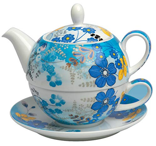 TeaLogic Tea for one Nicole - Set aus Tasse (250ml) und Teekanne (500ml) Tea-for-One mit Blumen Motiv - Tea Logic Becher Bone China I blau und weiß