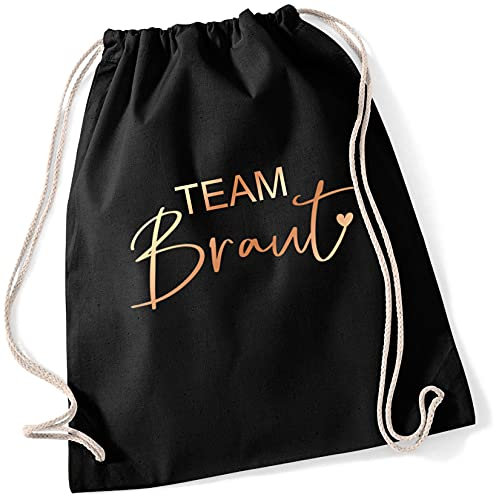 Miss Lovely JGA Turnbeutel Rucksack TEAM BRAUT Stofftasche mit Herz für Junggesellenabschied Bride Crew Farben schwarz & rosé-gold Baumwolle Maße 37 x 46cm