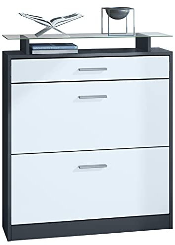 Vladon Schuhschrank Loret, Schuhkipper für 16 Paar Schuhe mit 2 Klappen, 1 Schublade und Glasablage, Anthrazit matt/Weiß matt, (89 x 104 x 23 cm).