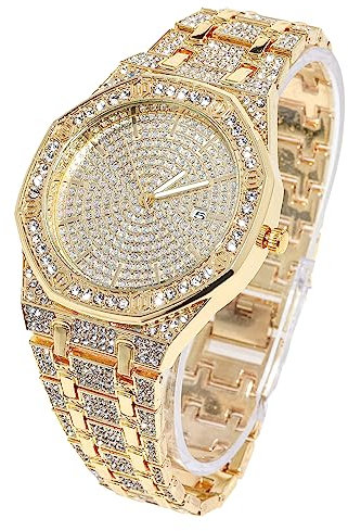 Halukakah Diamant Golduhr Iced Out, Männer 18k Echtgold Plattiert Quarz Armband 22cm Achteckiges Zifferblatt, Kommt mit Geschenkbox