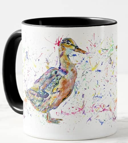 Vixar Duck Farm Animals Watercolour Rainbow Art Coloured Mug Cup, Gift, Birthday, Work, Office, Christmas Tea Coffee (Black)