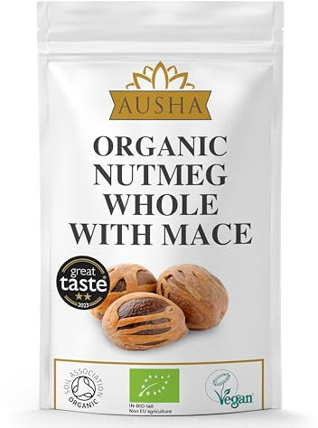 Ausha Organic Nutmeg Whole 50g - With Mace - Cooking - UK Certified Organic by Soil Association - 2** GREAT TASTE AWARD 2023