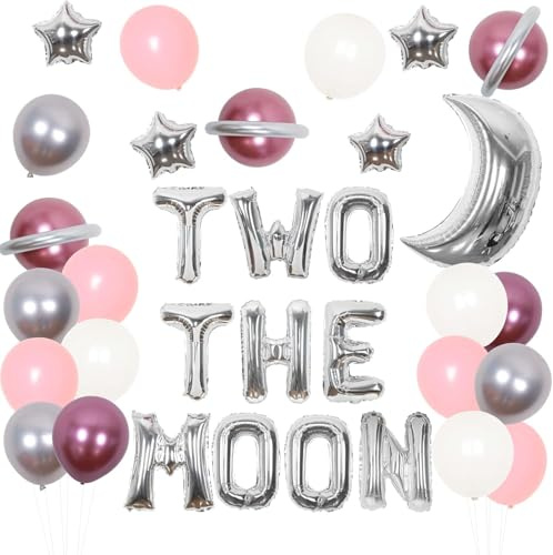 Two the Moon Geburtstagsdekorationen für Mädchen Space 2 Birthday Party Supplies Weltraum Astronaut Second Party Decor mit silbernen Moon Star Folienballons Two The Moon Folienballon Banner