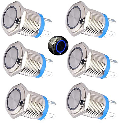RUNCCI-YUN 6 Piezas 12mm Momentáneo Pulsador de Metal DC 3A 12V-24V Acero Inoxidable Impermeable Interruptor de Botón Redondo para Coche Lámpara Timbre (Cabeza Plana) Anillo de Luz LED Azul