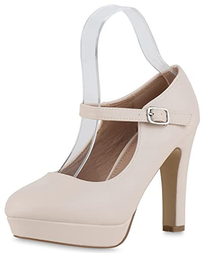 VAN HILL Damen Mary Janes Pumps Klassische Schuhe Stiletto Absatzschuhe Elegante Plateau Vorne Leder-Optik Riemchenschuhe 210690 Beige 37