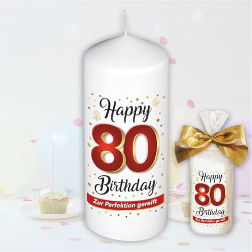 Stumpenkerze - Geburtstagskerze zum 80. Geburtstag, Happy Birthday - Für Dich | Motive auf Tattoofolie | Geschenkfolie und goldener Schleife | Kerze mit Geburtstagszahl Zahl in Geschenkverpackung