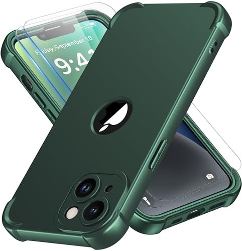 ORETECH Silicone Case for iPhone 14 Plus Case, with [2 x Tempered Glass Screen Protector] [Camera Protection] [Military Grade Protective] 360 Shockproof Thin Slim Fit Rubber Bumper Cover - Green