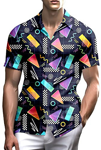 Stazary Neonhemden für Männer, Button-Up-Shirts, Herren-Neonhemd, Hawaii-Hemd für Männer, Strandhemden, Neonkleidung, 80er 90er Jahre Stil Schwarz, XX-Large