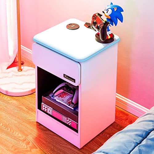 X-Rocker Carbon-Tek Gaming Bedside Table Unit with Built-in Wireless Charging and Ambient RGB Lighting, Gaming Bedroom Furniture Single Side Cabinet End Table with Drawer and Storage Shelf - White