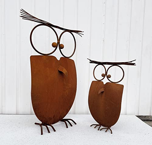 STEINFIGURENWELT GIEBEN Verrückte Eule 3D Optik Höhe 64cm Edelrost Gartendeko Wetterfest Rost Metall Gartenfigur Rostfigur Terrasse Uhu Kauz Metallfigur