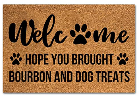 Lustige Kokosfaser-Fußmatte Hope You Brought Bourbon and Dog Treats, Haustürmatte, Eingangsbereich, Outdoor-Matte mit robuster Veranda-Dekoration, dicke braune Matte, 60.2x39.9 cm