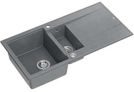 QUADRON Evier en granit | Taille 50 x 100 x 21/16 cm, Couleur: Gris et Acier | EVAN 156 Evier de cuisine double évier | Evier de cuisine double évier avec égouttoir | avec trou pour robinet