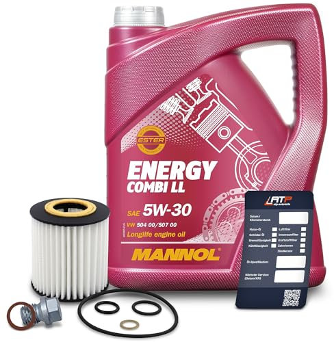 BESTPRICE Inspektionspaket Filterset mit 1x BESTPRICE Inspektionspaket Filterset mit Ölfilter; 5l Motoröl 5W-30 MANNOL Energy Combi LL; 1x Ölablassschraube mit Dichtring; 1x Ölwechsel-Anhänger