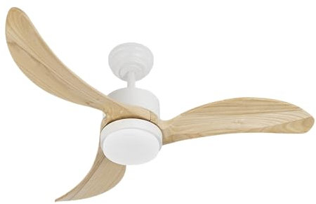 ABRILA - Ventilador DC BEMBEZAR | Color Blanco con tres Aspas en Color Haya | con 6 Velocidades Ajustables | con 3 Temperaturas de Luz | Mando a Distancia Incluido