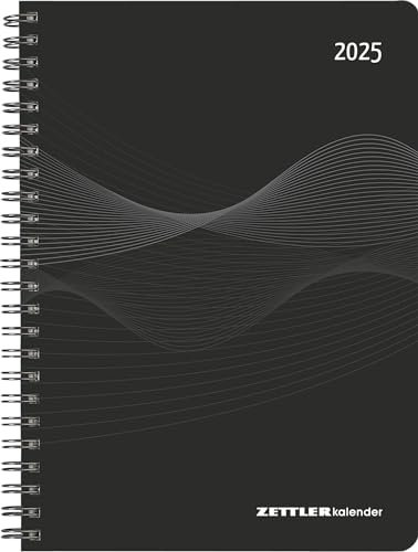 Zettler - Wochenplaner 2025 schwarz, 15x21cm, Taschenkalender mit 128 Seiten, 1 Woche auf 2 Seiten, Adressteil, Ringbindung, Monatsübersicht, Mondphasen und deutsches Kalendarium