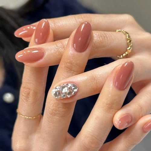 24pcs Short Oval False Nails Brick Red Silver Press on Nails Rhinestone Stick on Nails Acrylic False Nails Removable Glue-on Nails Full Cover Fake Nails Women Brides Nail Art Accessories