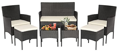 GIANTEX Gartenlounge Outdoor Möbelsets, Garten Lounge Set Rattan Gartenmöbel, Sitzgruppe 4 Personen Tisch 2 Stühle Sitzbank, inkl. Sitzkissen, Balkonmöbel Kleiner Balkon, Balkonset Wetterfest