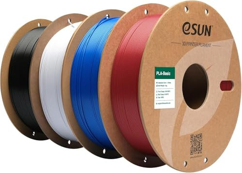 eSUN PLA Filament 1.75mm, PLA Basic 3D Drucker Filament Maßgenauigkeit +/- 0.03mm, 1KG pro Spule, 4 Spulen 3D Druck 3D Filament, Feuerrot+Blau+Kaltes Weiß+Schwarz