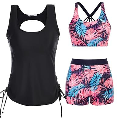 JASAMBAC Tankini Damen Set,3-Teiliger Bikini Damen Bauchweg,Push-Up-Bikinioberteil Und High Waist Badeshorts, Einfache Badebekleidung, Damen-Sport-Badeanzug, Badebekleidung FüR Schwimmbad, Strand