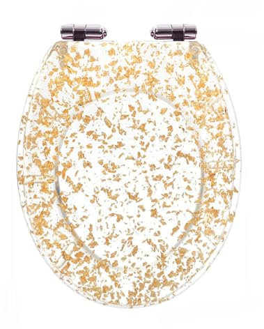 DRYFAL Glitzer WC Sitz Mit Absenkautomatik, Toilettendeckel Aus Harz Quick-Release-Funktion, Klodeckel Toilettensitz Mit Edelstahl Befestigung, O-Form Klodeckel, 36 * 42cm,Gold foil