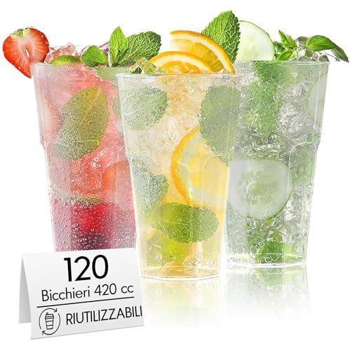 G.M. DISTRIBUZIONE 120 Bicchieri Cocktail da 420 ml, Lavabili, Trasparenti in PP, Infrangibili, Riutilizzabili, per Cocktail, Long Drink, Gin Tonic, Mojito, Aperol Spritz, Feste, Party, Made in Italy