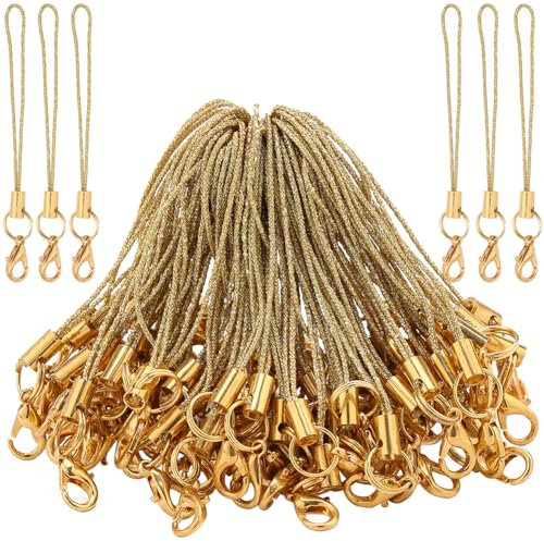 GORGECRAFT 100Pcs Phone Keychain Strap Gold Split Ring Cords Hand Wrist Straps Polyester Cellphone Charms Lanyard String for Hanging Mobile Phone Lariat USB Drive DIY Decorations Supplies