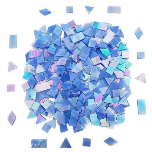Piastrelle per mosaico in vetro iridescente, 200 g, 270 pezzi, 4 forme miste, in vetro colorato, forniture per mosaici, quadrati/triangoli/rettangoli/rombi (celeste)