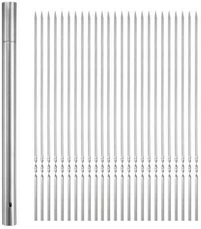 QUARKZMAN 50 Piezas Brochetas de Metal 40cm x 2.8mm Palos Planos de Acero Inoxidable Reutilizables para Barbacoa Bbq Al Aire Libre con Tubo de Almacenamiento para Carne Camarones