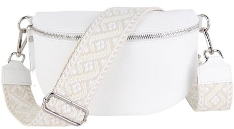 MIRROSI® Bauchtasche Damen, Echtleder, Made in Italy, Umhängetasche, Brusttasche, Crossbody Bag (1 Tasche & 2 Gurte) (Weiß (Kette), Große Tasche (28x18x9cm))