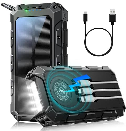 Solar Power Bank 46800mAh, Wireless Battery Pack PD 22.5W QC3.0 Fast Charging Built in 3 Cables with USB-C 7 Outputs & 2 Inputs for iPhone Samsung