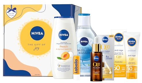 NIVEA The Gift of Joy Geschenkset, Geschenk für Frauen, Geschenkbox mit Q10 Serum (30 ml), Q10 Anti-Age Sonnencreme (50 ml), Mizellenwasser (400 ml), Pflegedusche (250 ml) & Labello LSF 50 (4,8 g)