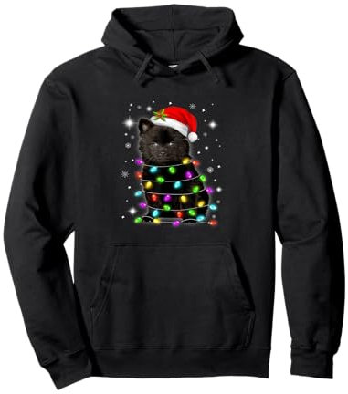 Schwarzer Pommernhund mit Lichterkette und Weihnachtsmütze Pullover Hoodie