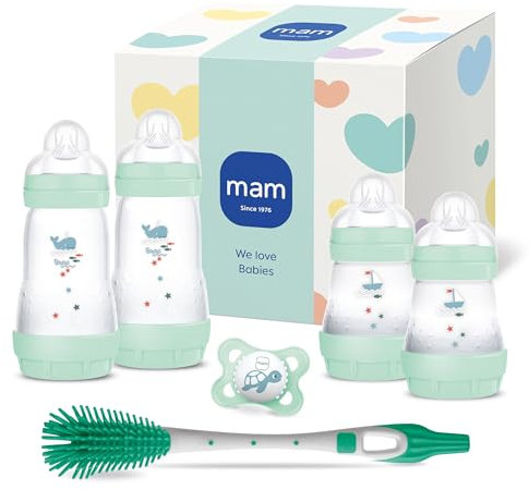MAM Easy Start Anti-Colic Neugeborenen-Set | 0+ Mon | Babyflaschen-Set | 94% Akzeptanz | 96% Hebammen-Empfehlung | 80% weniger Koliken | 4 Trinkflaschen, 1 Original Schnuller & 1 Soft Brush | mint