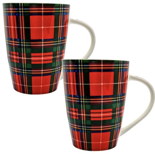 I LUV LTD Scottish Mug with Royal Stewart Tartan Design, Microwave & Dishwasher Safe, Scotland Thistle Logo Inside, Set of 2