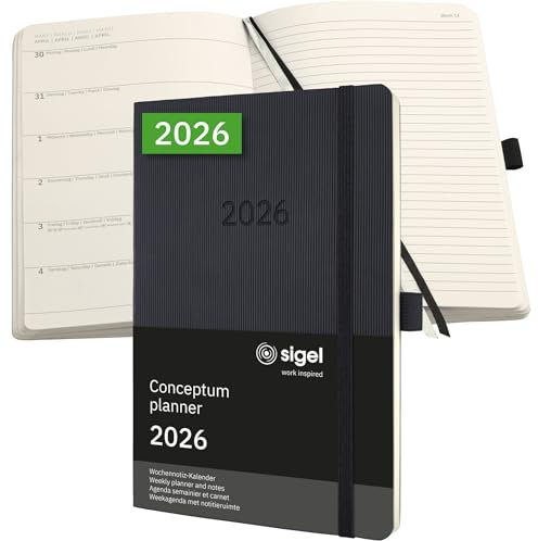 SIGEL C2624 Terminplaner Wochennotiz-Kalender 2026, ca. A5, schwarz, Softcover, 192 Seiten, Gummiband, Stiftschlaufe, Archivtasche, aus nachhaltigem Papier, Kalenderbuch Conceptum