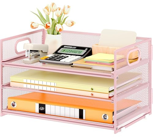 VITVITI 3 Tier Paper Desk Organizer with Handle and 1 Pcs Slideable Letter Tray, A4 Paper File Folder Sorter Metal Mesh Organizer for Home Office School Desk Supplies Organization Storage - Pink