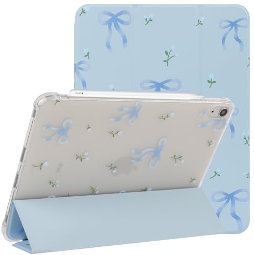 Lovmooful Hülle für iPad Air 4/5/6 (10,9/11) Schleife Blume-Blau | für iPad Air 4/5 (10.9),iPad Air 6 M2 (11),Cute Band Floral Design,Stifthalter,Ästhetisches Trifold Ständer Schutzhülle