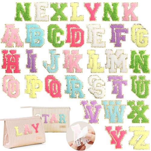 52 Pcs Self-Adhesive Chenille Letter Patches A to Z, Multicolour Iron-On Alphabet Applique Stickers for DIY Clothing, Backpacks, Hats, Shoes, Jackets & CraftsApplique